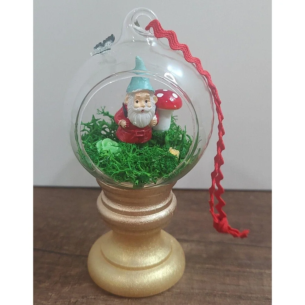 Garden Gnome Christmas Ornament Handmade Glass Diorama Terrarium Fairy Mushroom